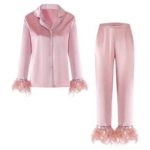 睡衣女春秋名媛风贵妇鸵鸟毛羽毛袖仿真丝绸送闺蜜礼盒冰丝毛毛袖