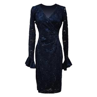 欧美品牌新款蕾丝年亮片V领长袖连衣裙喇叭袖礼服搭风衣短绒大衣