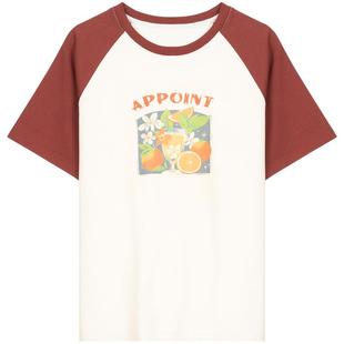 LAGOGO红色插肩袖水果印花T恤女拉谷谷2025年夏季新款纯棉短袖