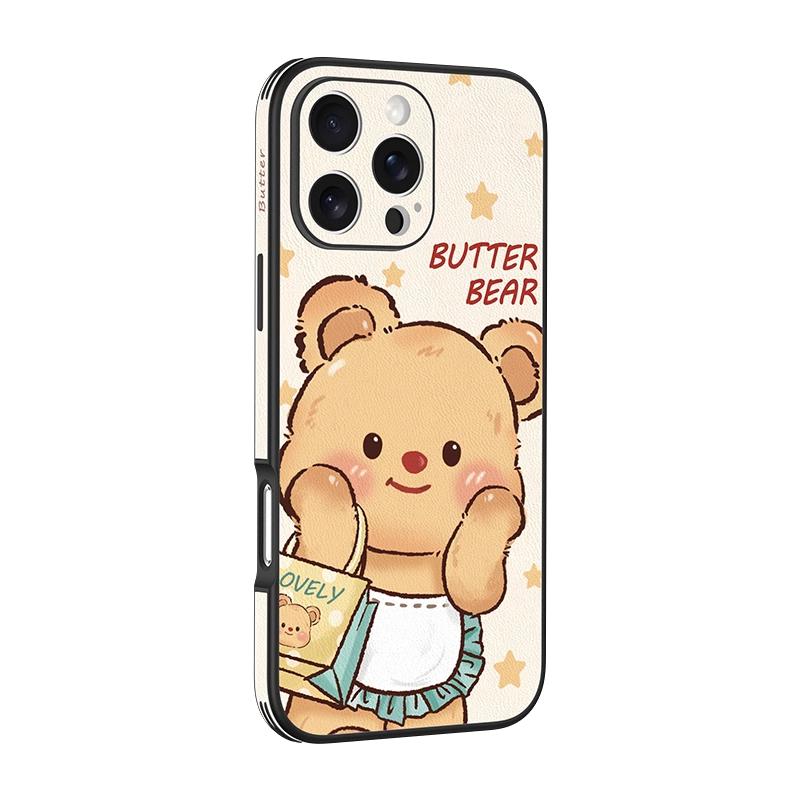 黄油小熊手机壳适用苹果15新款2025小羊皮iPhone17promax带支架16全包14pro高级感13挂绳ip12女