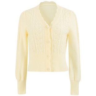 衣纱布菲丝苒 毛衣开衫女新款春秋装马海毛收腰短款黄色针织衫