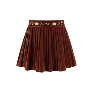 Little Naive女童丝绒百褶裙冬季绣花半身裙儿童裙子加绒裙子