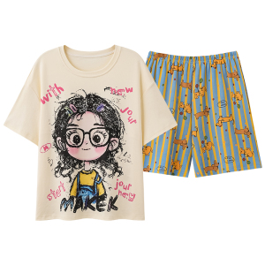 带胸垫睡衣女士夏季薄款短袖短裤卡通网红款时尚防凸点家居服套装