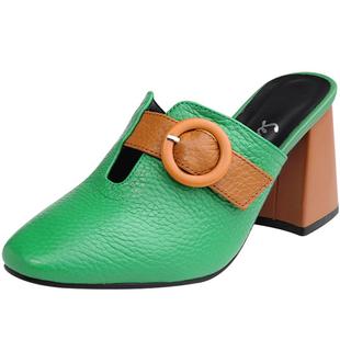 2026新款绿色复古高跟鞋气质粗跟包头半拖鞋女夏季外穿真皮凉拖鞋