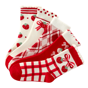 儿童红袜子女童本命年新年大红袜女孩秋冬长绒棉无骨红色高筒棉袜