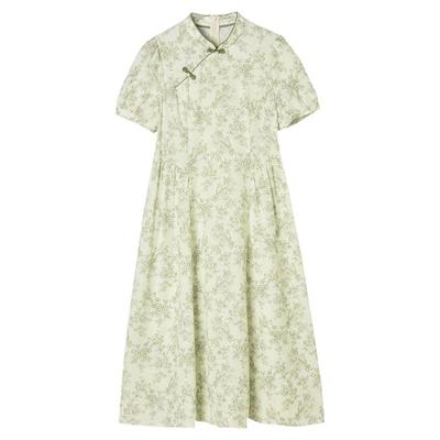 印花复古国风中长裙连衣裙