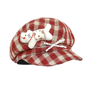 宅系小猫蝴蝶结格纹八角帽女夏季可爱显脸小贝雷帽甜美百搭帽子潮