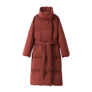 popchrio◆新年红色加厚90白鸭绒立领过膝羽绒服保暖外套中长款女