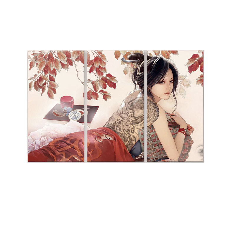 日式挂画酒店浮世绘玄关三联壁画餐厅纹身店美女壁画刺青装饰画