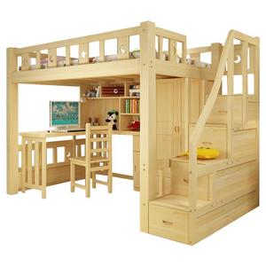 高低铺木衣柜儿童高架学习睡觉床带书桌一体多功能组合床上床下桌