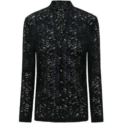 COCOBELLA优雅微透视镂空蕾丝衬衫女深V领长袖针织衫NLC55