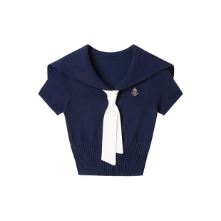 【盐砂梦境】Uena藏蓝色海军领字母刺绣正肩短袖v领针织T恤附领带