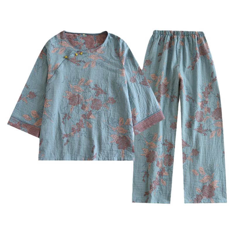 新中式国风春夏纯棉色织纱布睡衣女九分斜襟提花中长款家居服套装