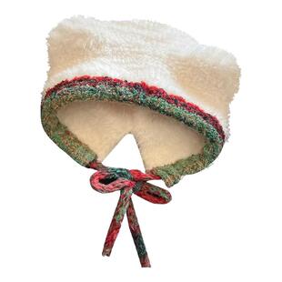 韩系小熊帽子可爱大头围女款2026新款冬季绑带针织保暖护耳雷锋帽