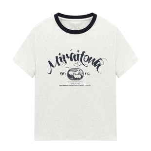 Basic House/百家好简约撞色领口印花T恤夏季新款百搭短袖上衣女