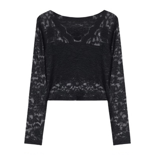 大码V领蕾丝性感打底衫女洋气小衫内搭长袖镂空网纱上衣胖mm春秋