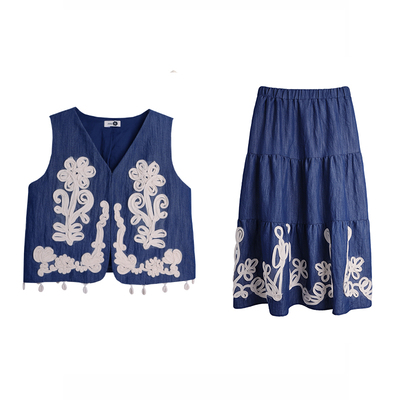 有耳uare原创盘绣马甲半裙套装