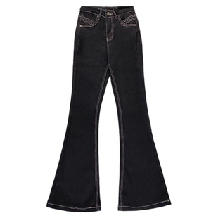 李李服饰加绒丰胯微喇牛仔裤女2026冬季新款黑色高腰弹力显瘦长裤