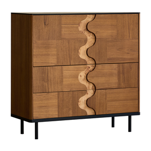 中古风斗柜 复古实木客厅收纳储物柜 侘寂风柚木色沙发多功能边柜