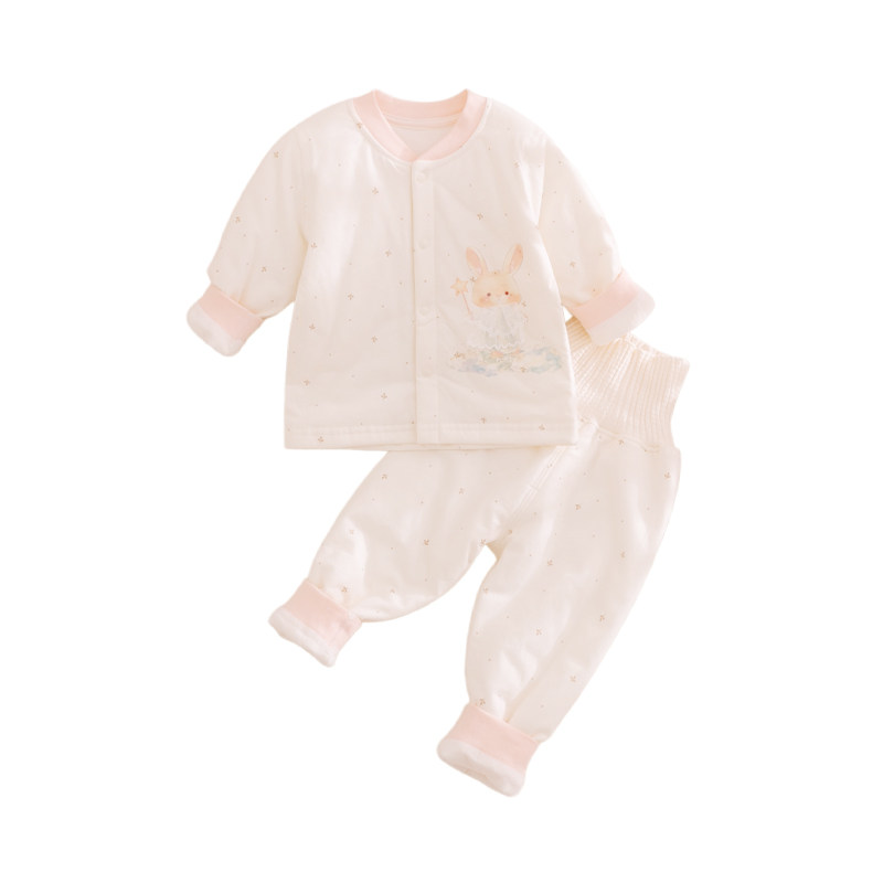婴幼儿夹棉分体套装纯棉高腰护肚保暖衣服女宝宝秋冬季薄棉衣棉服