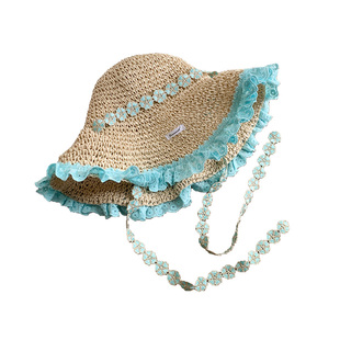 蕾丝系带草帽女夏海边沙滩度假风遮阳防晒帽可折叠大帽檐太阳帽子