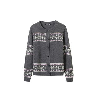 日神复古提花针织开衫女2025新款早秋圆领100纯羊绒开衫休闲外套