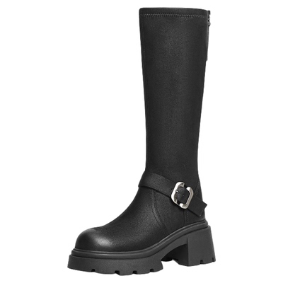 红蜻蜓长靴女粗跟加绒保暖高筒靴