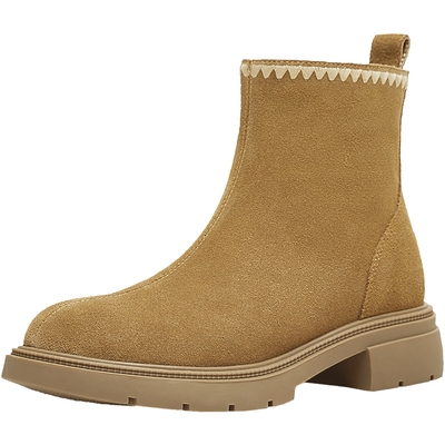 天美意复古厚底加绒切尔西弹力靴女时装靴短靴西部靴2025冬季新款