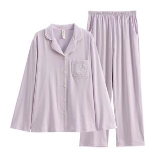 芬腾纯色女士睡衣女款春秋季纯棉长袖夏天薄款全棉秋款家居服套装
