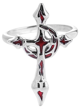 原创小众设计个性欧美暗黑甜酷风血月十字架戒指女时尚开口食指戒