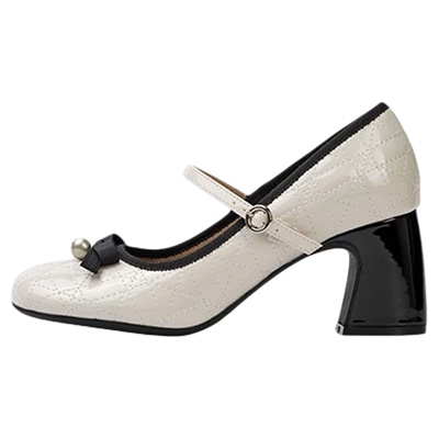 Miaolv College法式粗跟玛丽珍鞋女一字带蝴蝶结浅口中高跟单鞋子