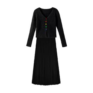 班尼路时尚套装女春秋新款V领修身针织开衫高腰中长裙百褶伞裙女J