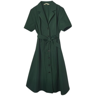 必败款~法式复古收腰气质衬衫西装裙墨绿色橘黄色通勤V领连衣裙