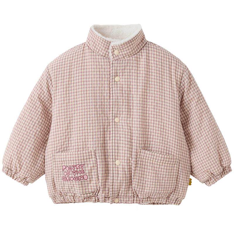 【新品】papa爬爬冬季儿童棉服男女童保暖加绒加厚格子文艺外套