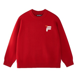 FILA FUSION斐乐潮牌情侣款红色编织衫2026春季新款休闲宽松毛衣