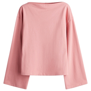 HM女装T恤春季一字领装饰裙摆落肩阔长袖打底上衣1301320