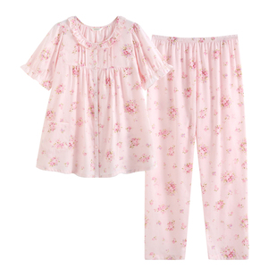 罗丝美春夏新16071纯棉贡缎印花高级感圆领全开襟短袖睡衣女套装