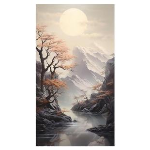 流水生财纯手绘油画日出风景装饰画客厅侘寂风肌理画山水玄关挂画