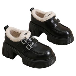 星期六厚底增高乐福鞋女冬季新款保暖防滑棉鞋子英伦风复古毛毛鞋