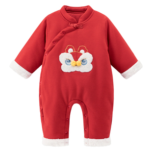 婴幼儿连体衣宝宝保暖加厚棉服冬季红色过新年拜年衣服周岁礼爬服