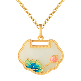 和田玉纯银古法金长命锁吊坠女新中式国风金包银珐琅金镶玉锁项链