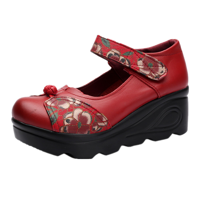 春秋季复古中国风女鞋中年坡跟厚底单鞋真皮民族风手工真皮妈妈鞋