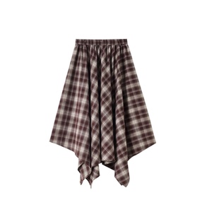 气质不规则格子裙女秋冬复古中长款a字大摆裙高腰加厚格纹半身裙