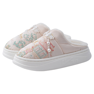 回力高端品牌棉拖鞋女款家居室内厚底防滑新中式古风毛拖鞋秋冬季