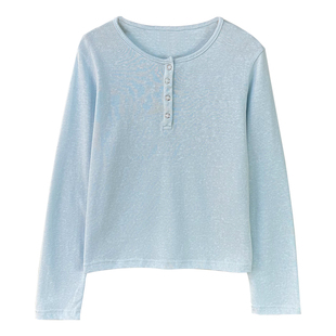 浅蓝色享利领长袖t恤女春夏新款宽松雪花棉半开领打底衫气质上衣