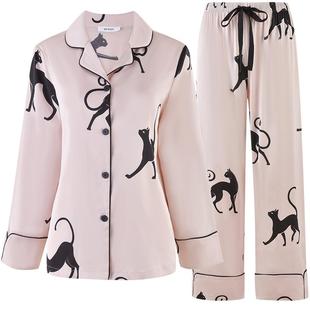 MYBODY商场同款睡衣女套装时尚黑猫印花缎面可外穿长袖家居服套装