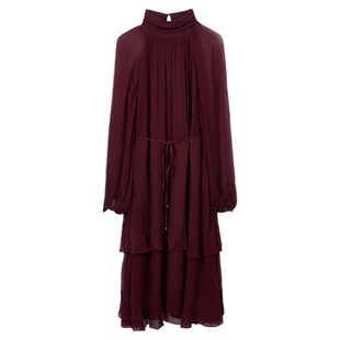 朗姿a字雪纺长裙安可拉红灯笼袖高级感连衣裙气质2025年秋季新款