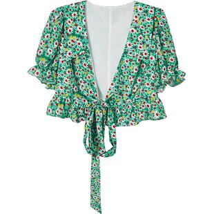 Oece设计感碎花上衣夏装新款女装显白法式V领泡泡短袖衬衫