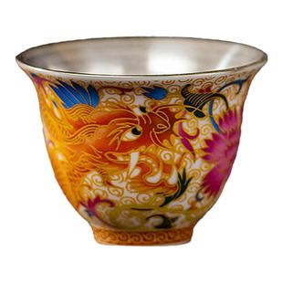 新款中式金线掐丝珐琅彩龙凤呈祥鎏银品茗杯功夫茶杯纯银包银杯