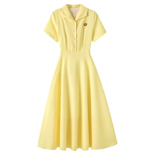 纯真年代的爱情郭晓婷方穆静同款衬衫黄色连衣裙v领裙子女长款夏